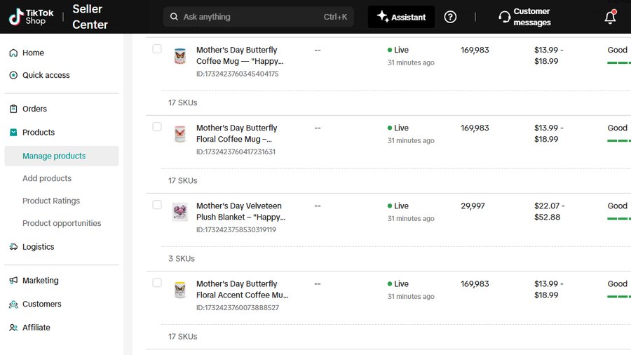 TikTok Shop Seller Center product list with live products